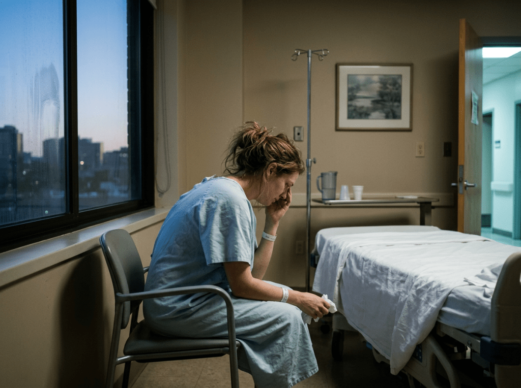 Woman alone in hospital room feeling abandoned