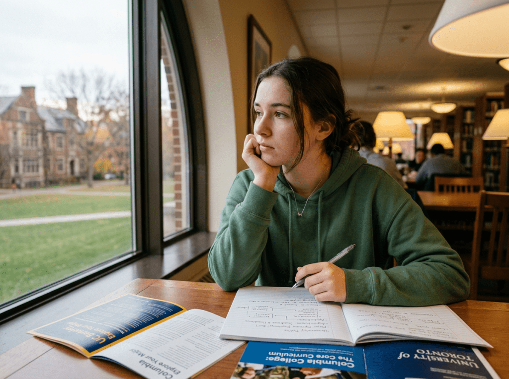 Student in green hoodie looking out library window with open notebooks and brochures on table
