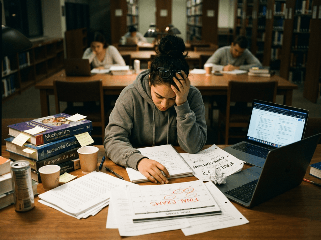 Student studying with textbooks, papers, and laptop in library