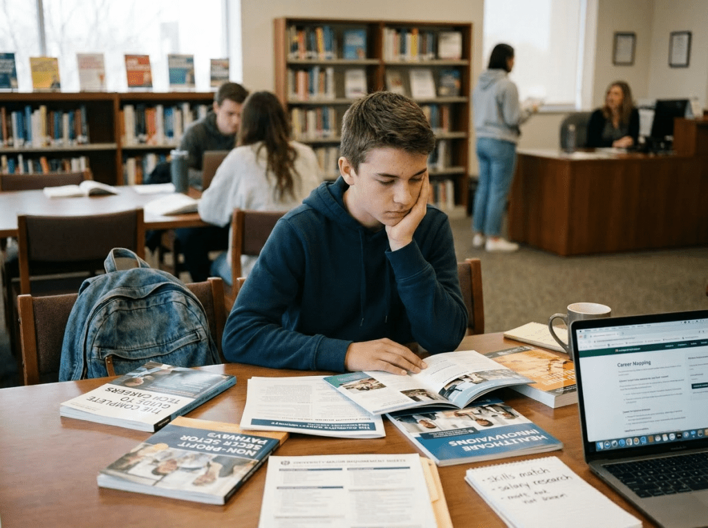 Student reading career guidebooks and notes at library table