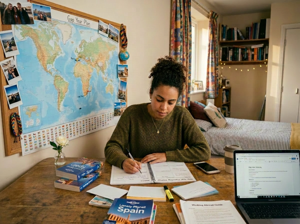 Student writing in a gap year planning journal surrounded by travel guides and a world map