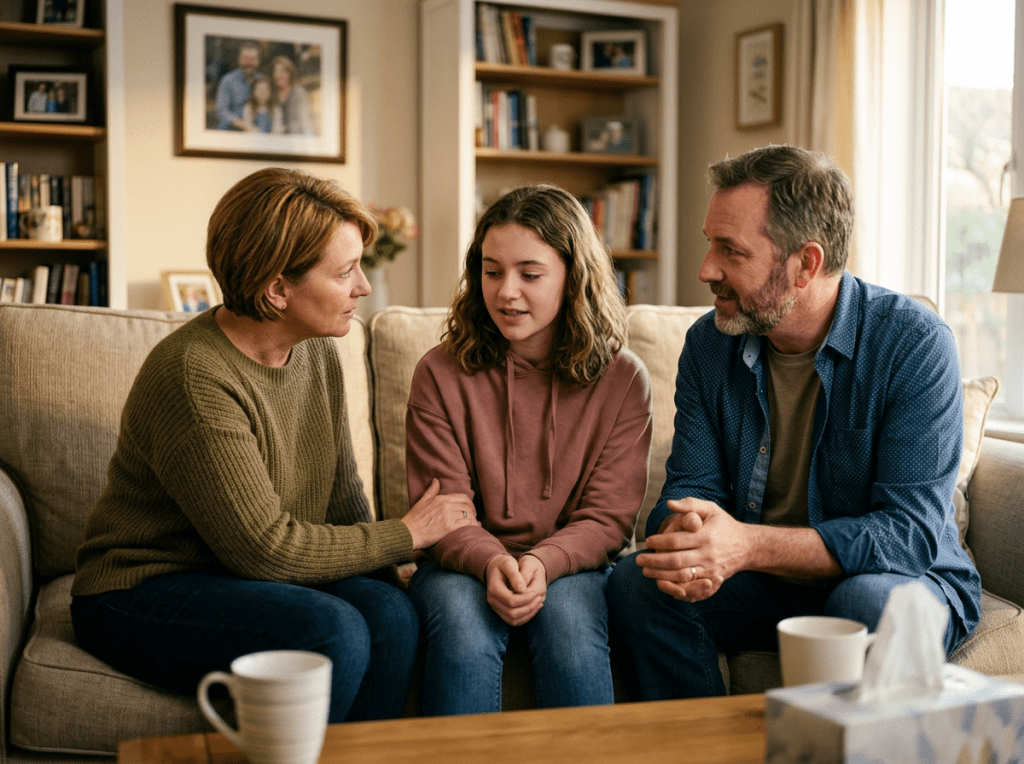 Mother and father comforting their teenage daughter on a couch