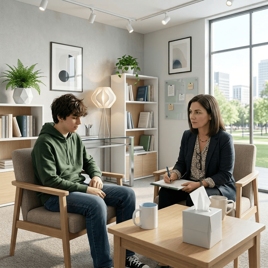 Teenage boy and female therapist engaged in a counseling session in an office