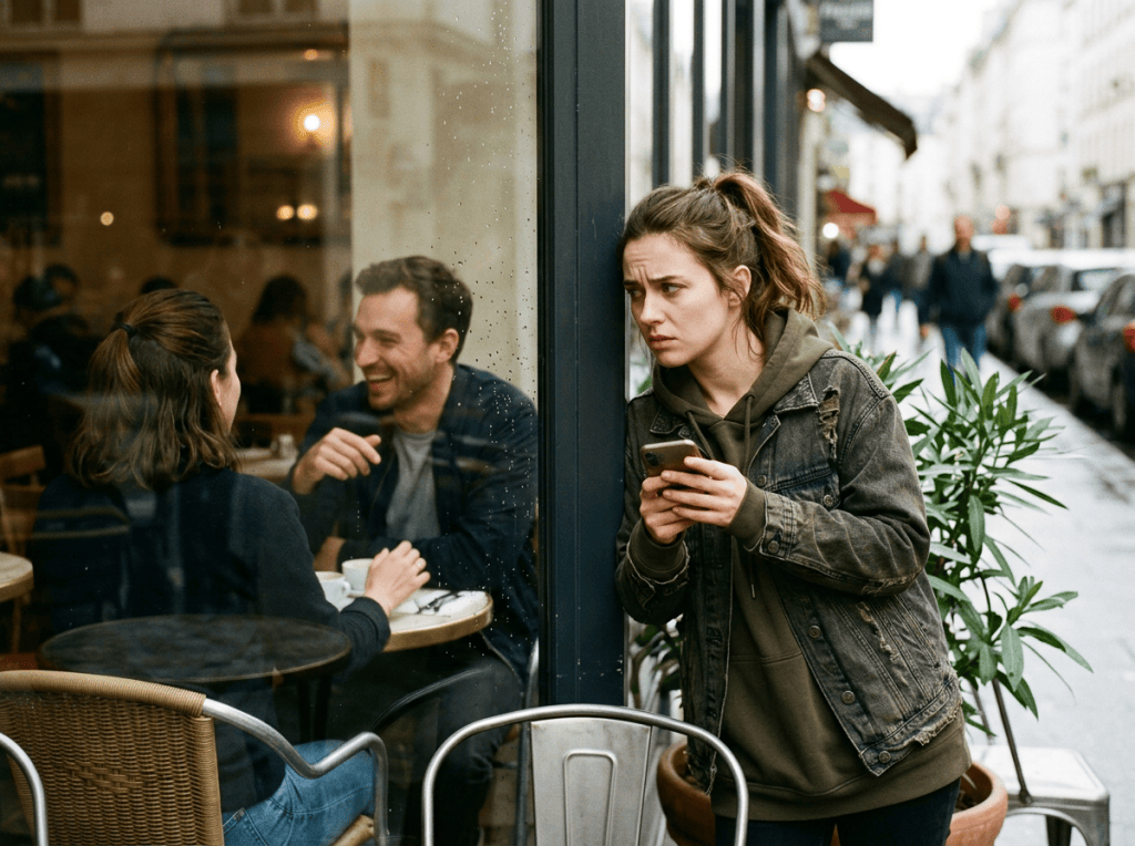 Woman standing outside café looking worried while a couple talks inside
