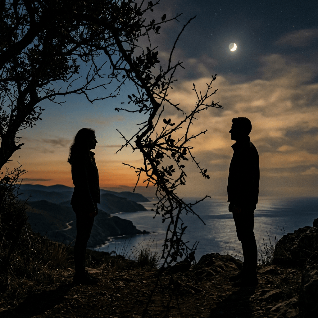 Silhouettes of a man and woman standing on a cliff overlooking a coastal landscape at twilight with a crescent moon in the sky