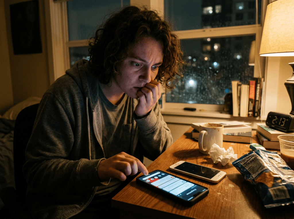 Person with curly hair anxiously using smartphone at desk with snacks and coffee