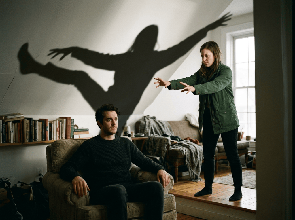 A woman standing with arms extended toward a seated man, casting a large shadow on the wall