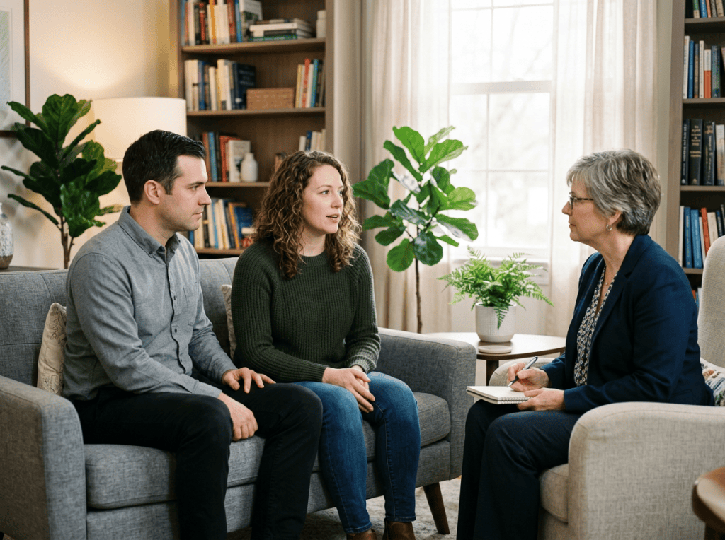 Couple in therapy discussing jealousy calmly