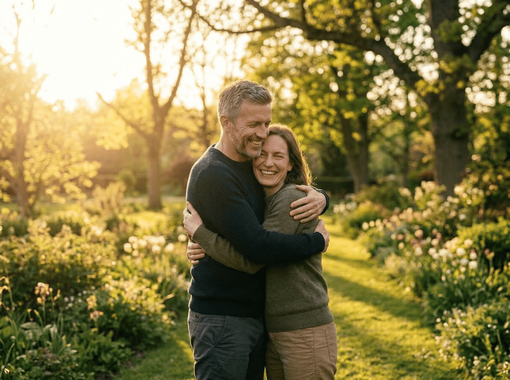 Single happy couple embracing outdoors