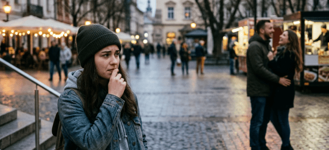 Young woman in a denim jacket and green beanie looking worried on a city street