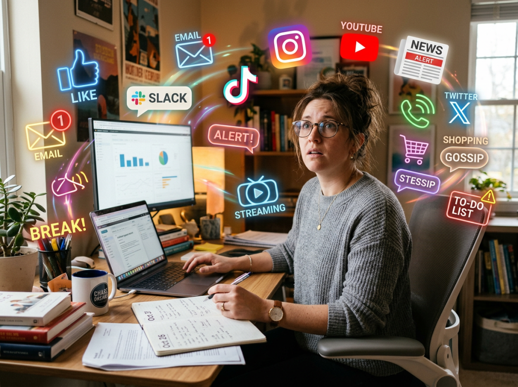 A woman at a desk with multiple digital notifications around her including email, social media, alerts, and messages