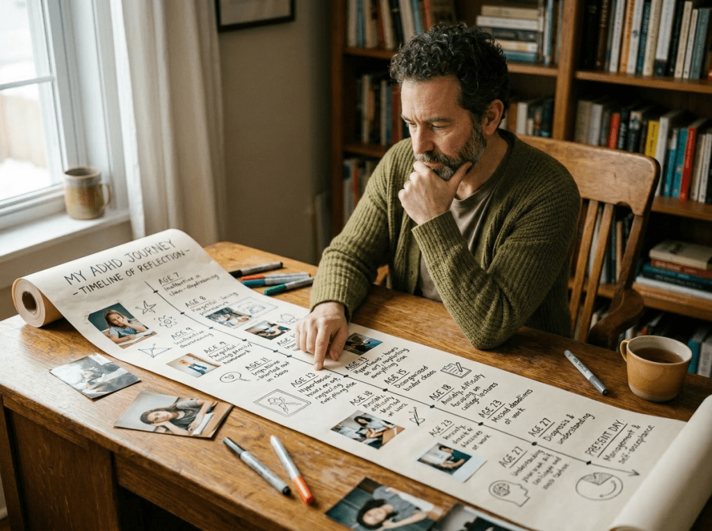 Woman looking at a timeline reflection of her ADHD journey with photos and notes