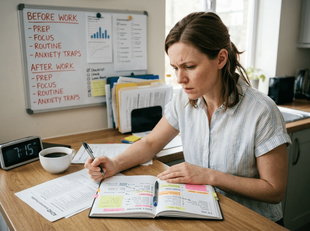 Woman writing in a planner with notes and coffee at a desk