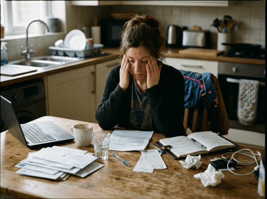 Woman sitting at kitchen table with hands on temples surrounded by bills, laptop, and notebook.