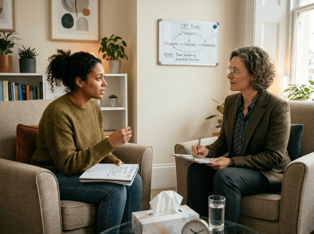 Therapist and patient having a counseling session with CBT model on whiteboard