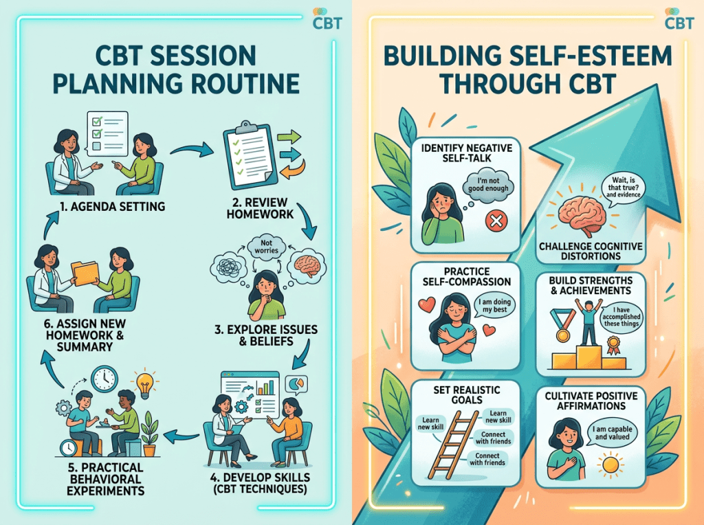 CBT session planning routine and building self-esteem through CBT infographic with illustrations