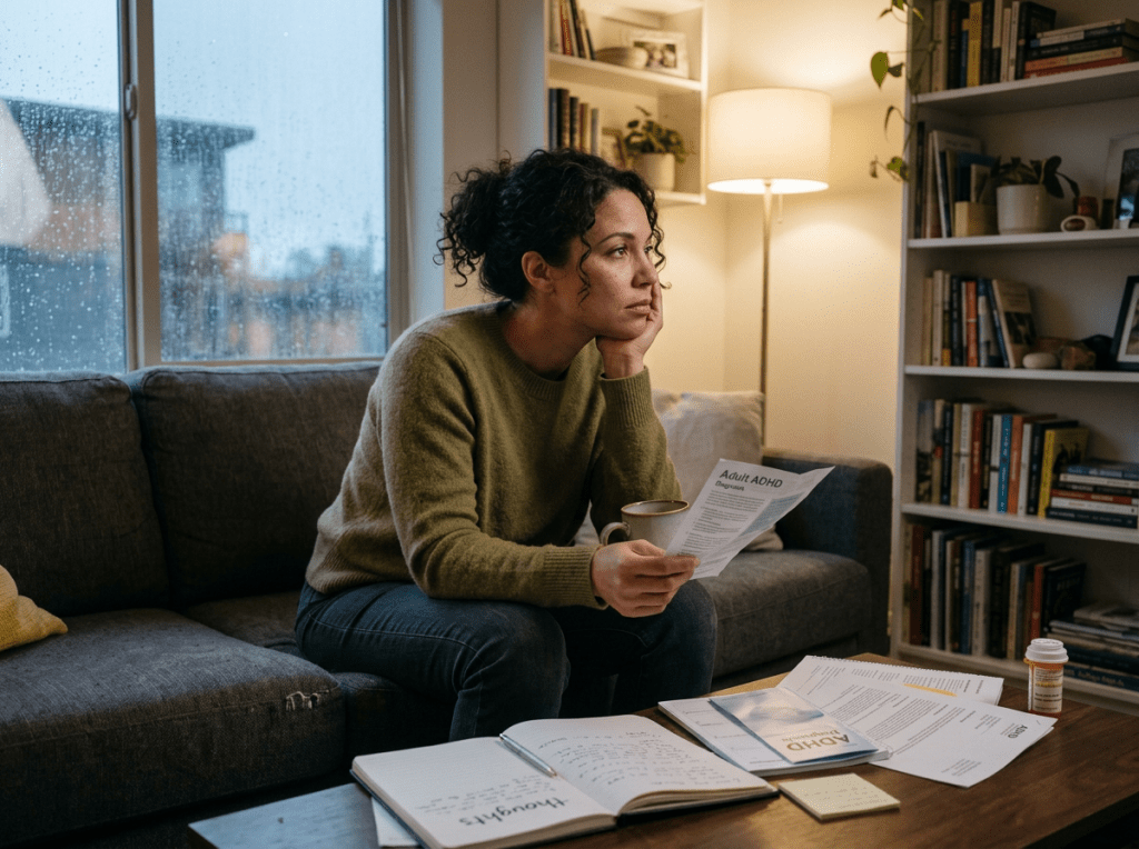 Adult reflecting after ADHD diagnosis, mixed emotions