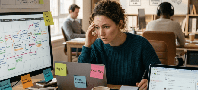 Woman at a busy desk surrounded by project calendars, sticky notes, and multiple screens showing tasks and time.