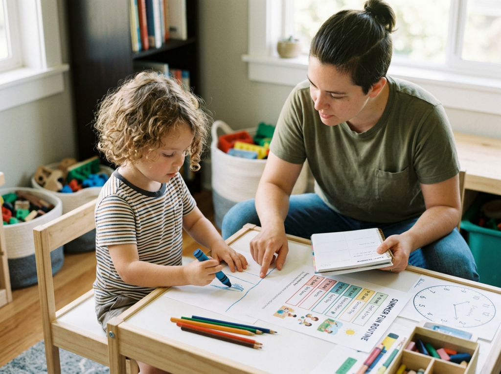 Adult assisting child drawing with crayon at a table with colored pencils and activity sheets