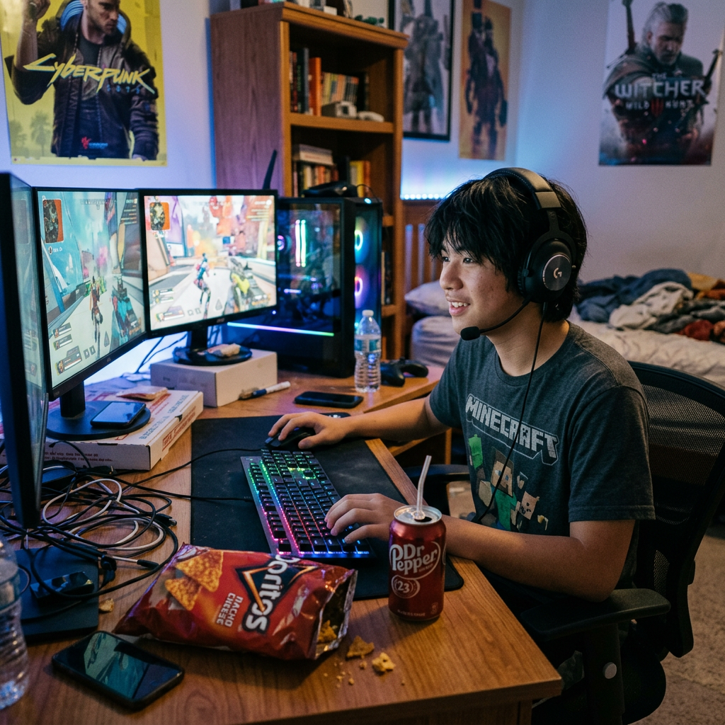 Teen playing video games with dual monitors, wearing headset, with snacks and drinks on desk