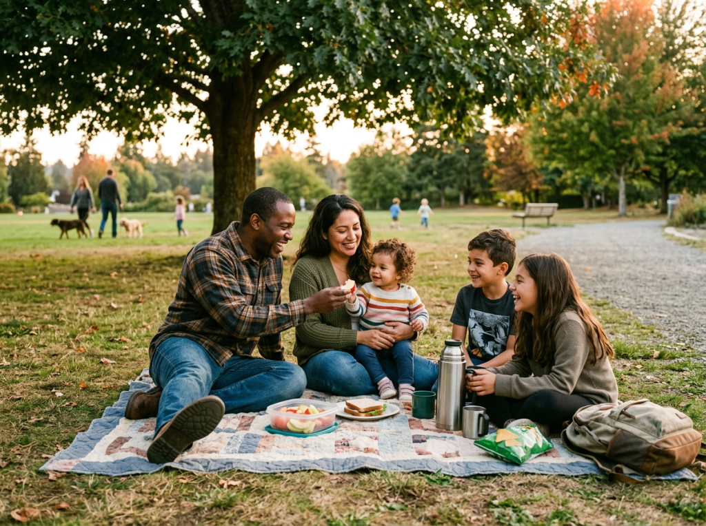 Family sharing simple evening moment in park