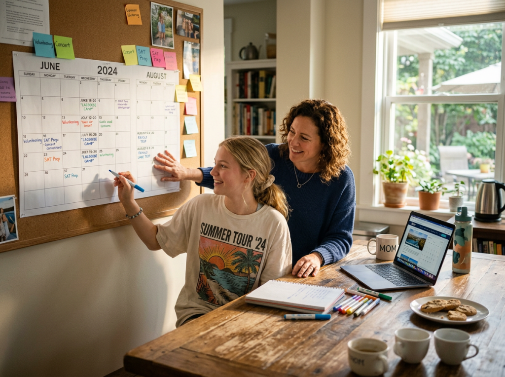 Parent and teen planning summer calendar together