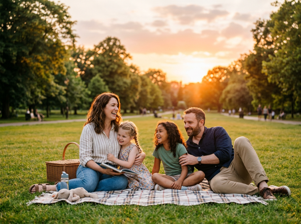 Family relaxing together in park at sunset