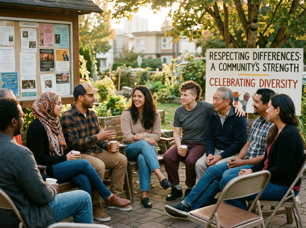 Diverse community members sitting in a circle outdoors, discussing with a sign about respecting differences and celebrating diversity