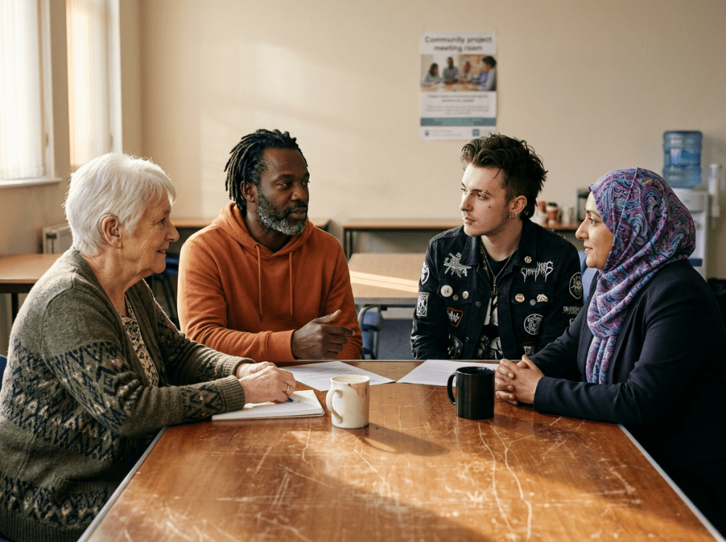People calmly discussing despite visible differences