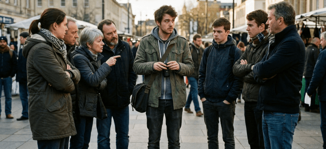 Group of eight people standing in a circle having a serious discussion on a pedestrian street