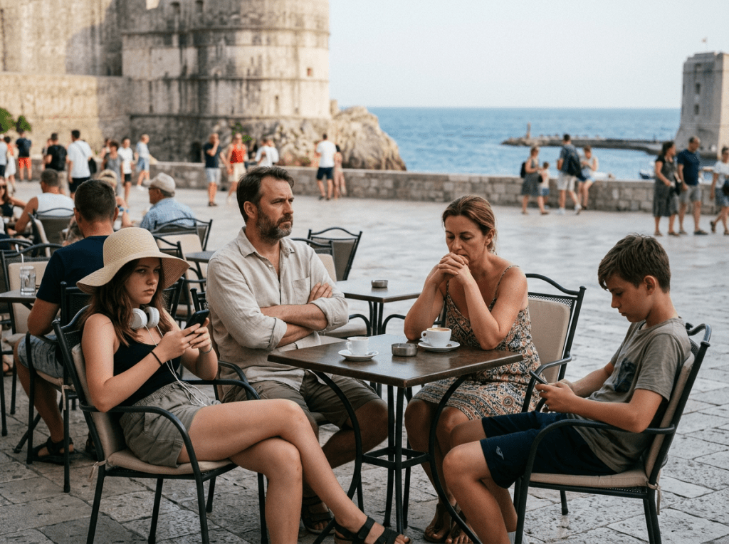 Family on vacation with subtle tension