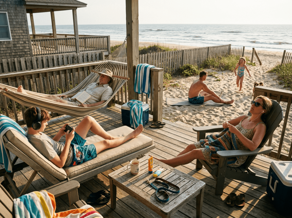 Family with different relaxation rhythms at beach house