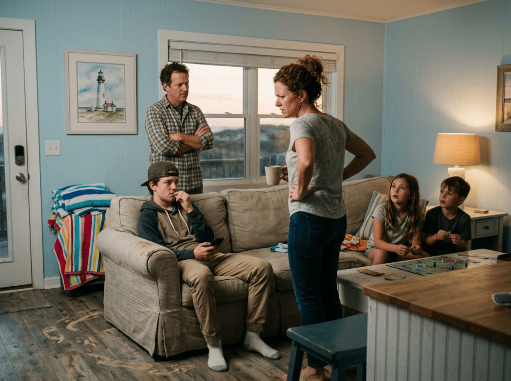 Family in shared beach house tense indoors