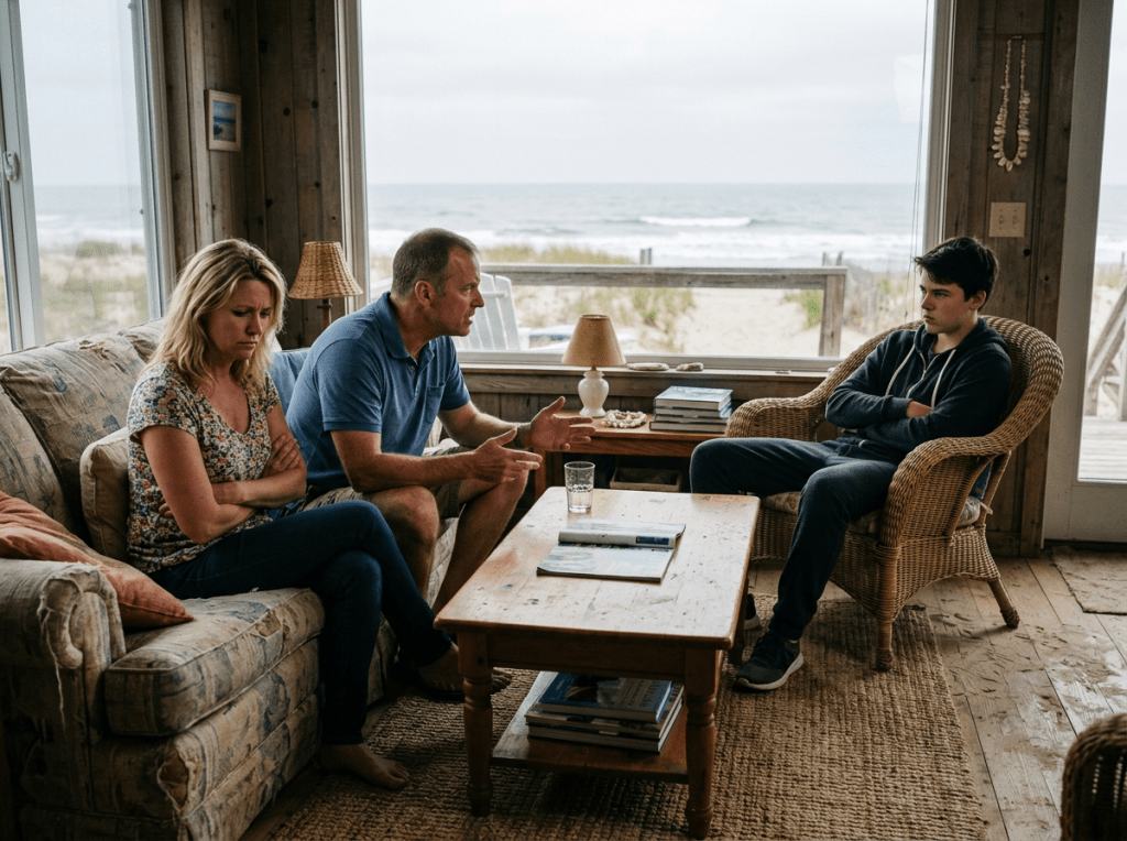 Family tension adults and teen at beach house