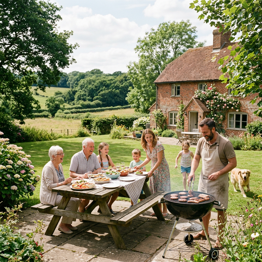Family barbecue at countryside house outdoors