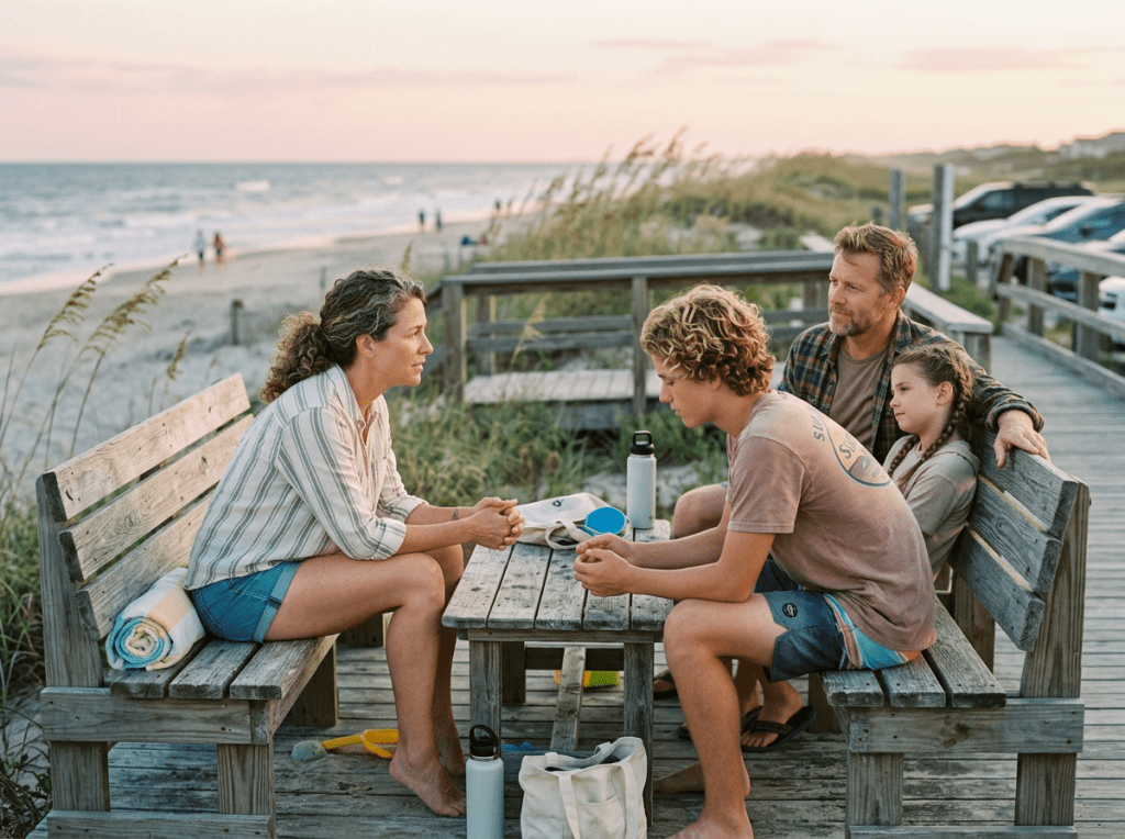 Family calmly discussing after beach argument