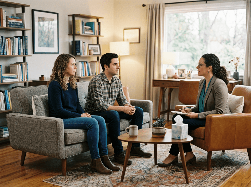 Couple in therapy with female psychologist office