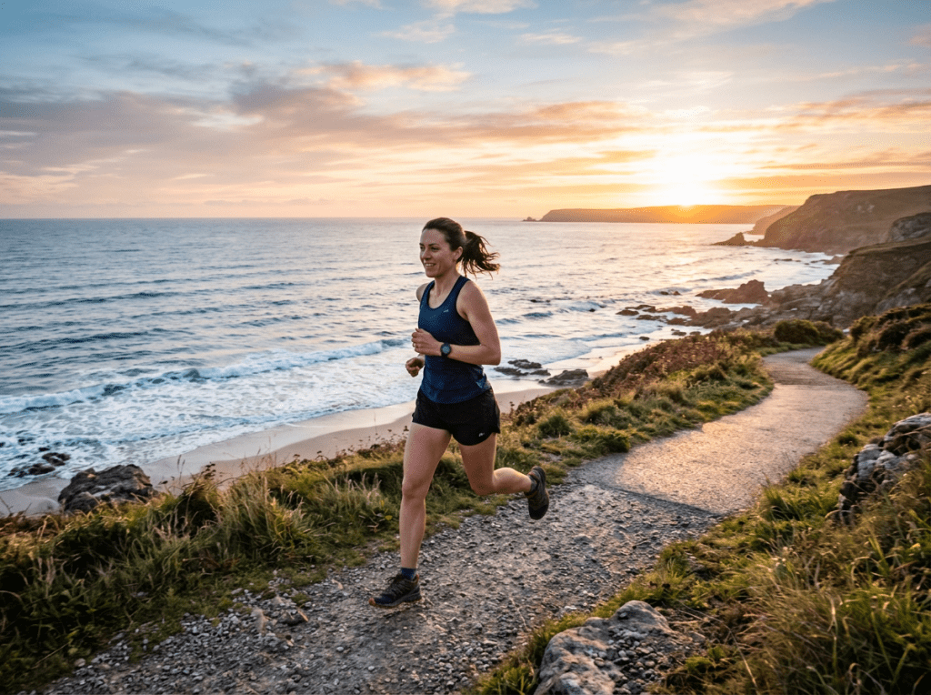 Woman running by the sea morning