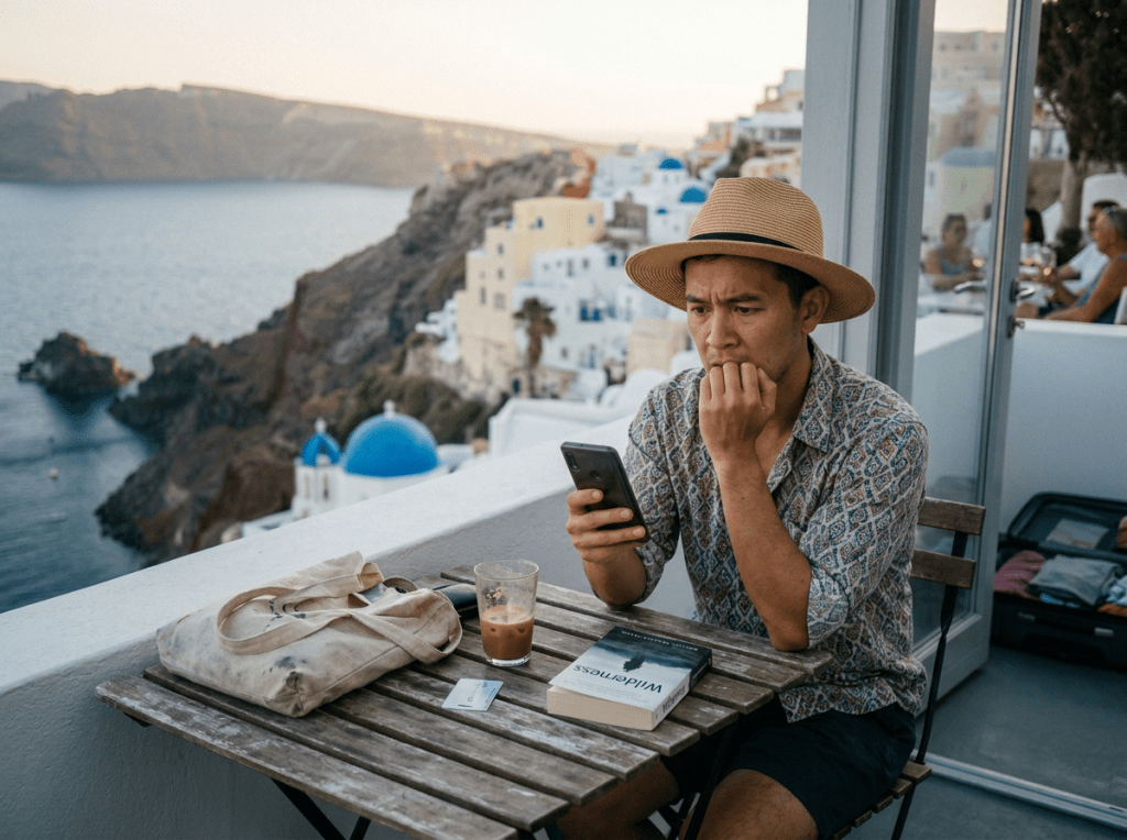 Woman sitting at a balcony table with a phone looking worried, seaside buildings in background