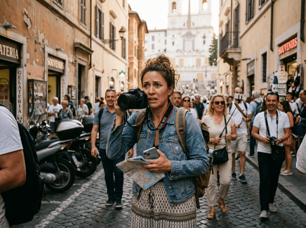 Tourist woman holding camera, map, and smartphone looking confused on crowded street