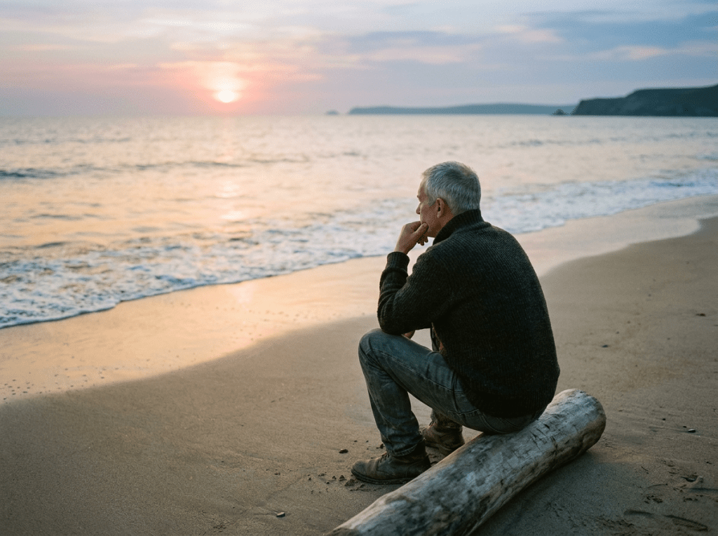 Man sitting on a log on sandy beach looking at sunset over water