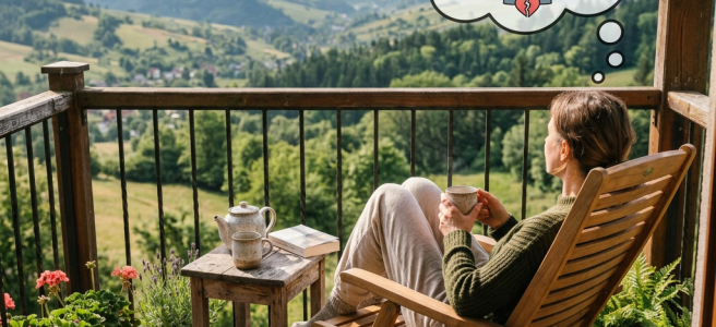 Woman wrapped in a blanket sitting on a balcony with a cup of coffee, overlooking green hills and mountains