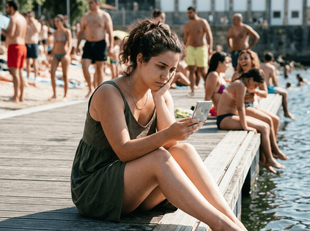 Young woman sitting on a dock looking thoughtfully at her phone by the water