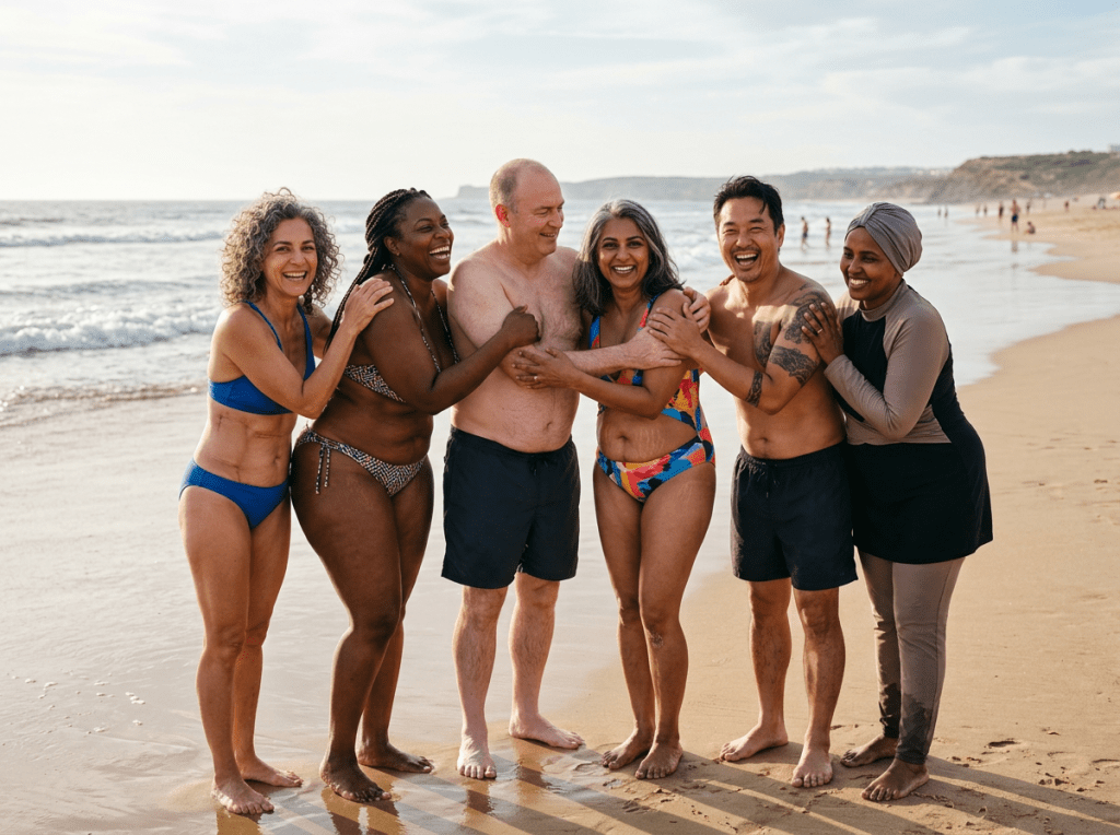 Six diverse adults standing barefoot in swimwear on a sandy beach smiling and hugging each other
