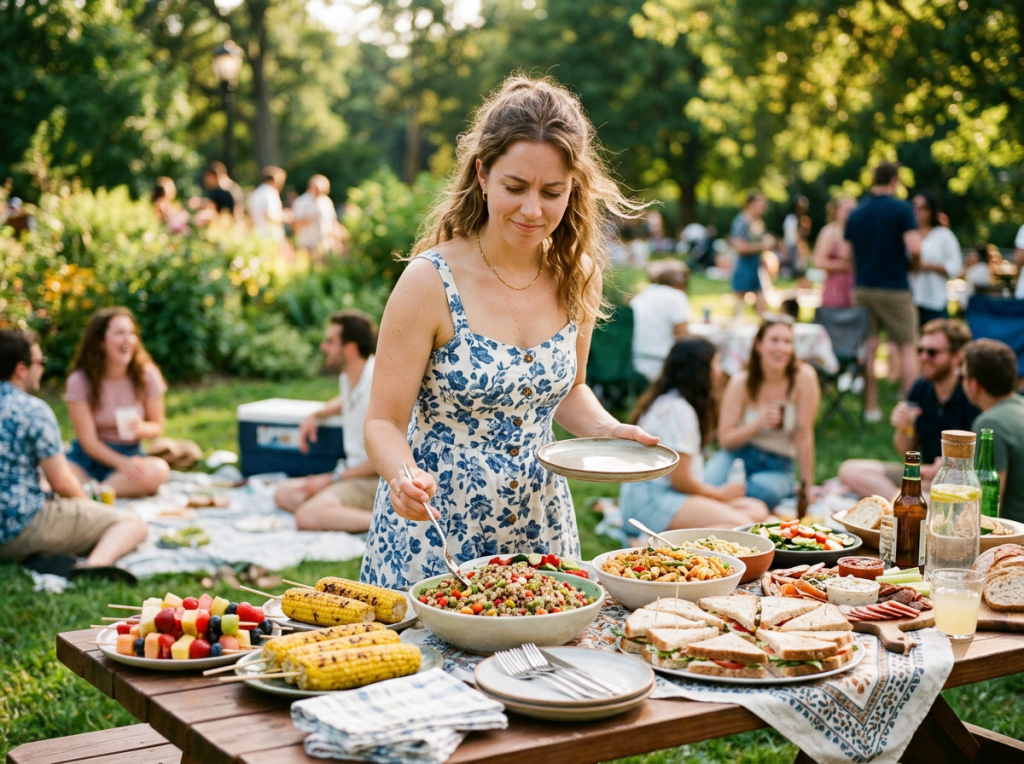 Woman in floral dress serving food at a picnic table with sandwiches, corn, and salads