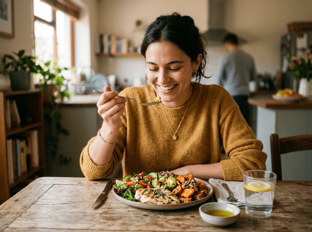 Smiling woman eating a plate of grilled chicken, salad, quinoa, and roasted sweet potatoes