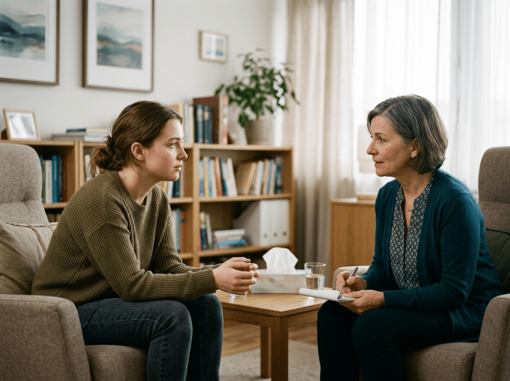 Young woman and therapist engaged in conversation in therapy office