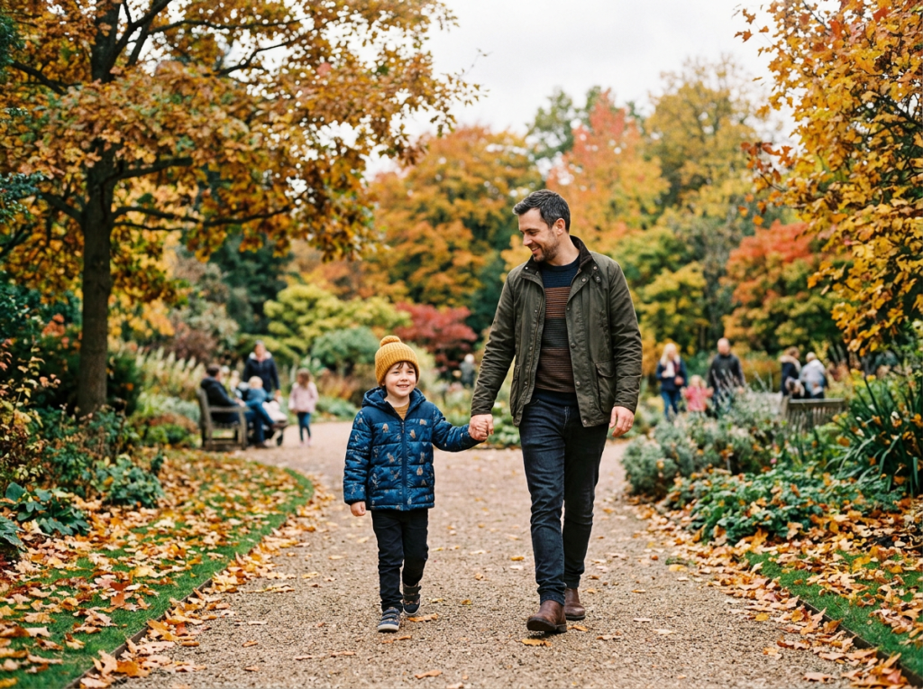 Father holding child's hand while walking through an autumn garden