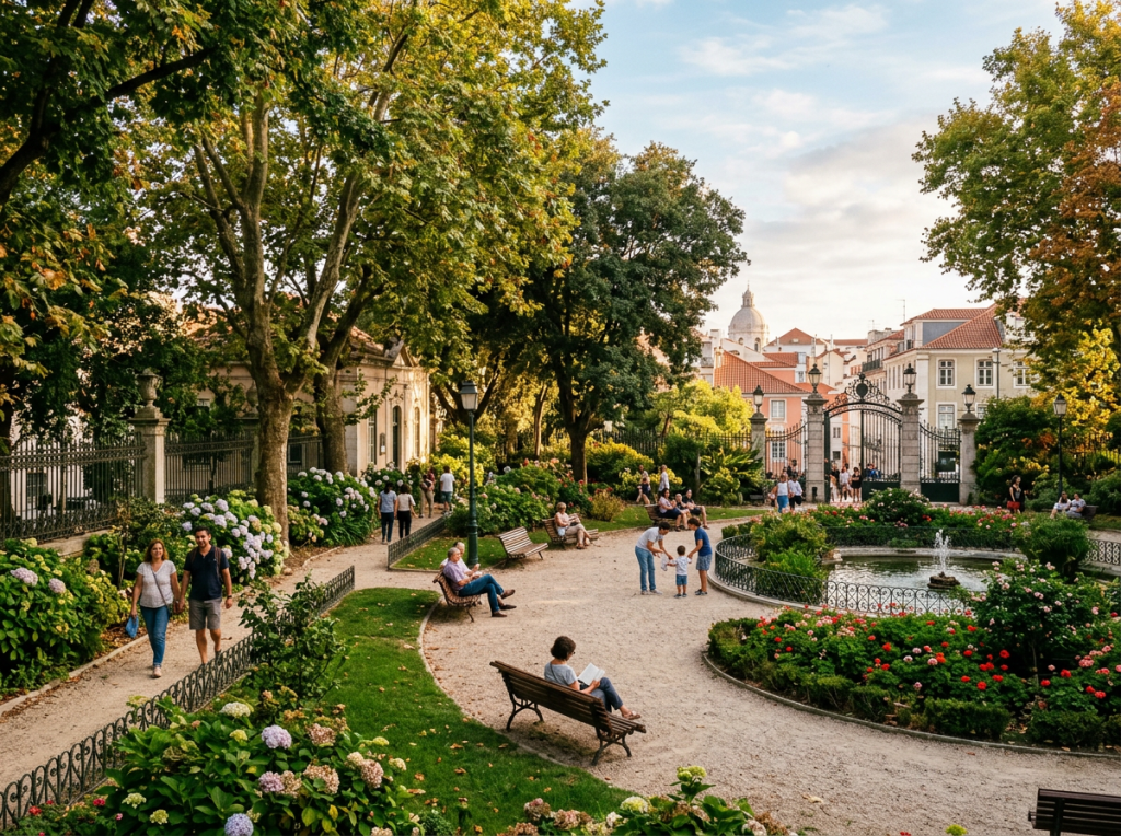 People relaxing in a landscaped garden with flowers, paths, and historic buildings