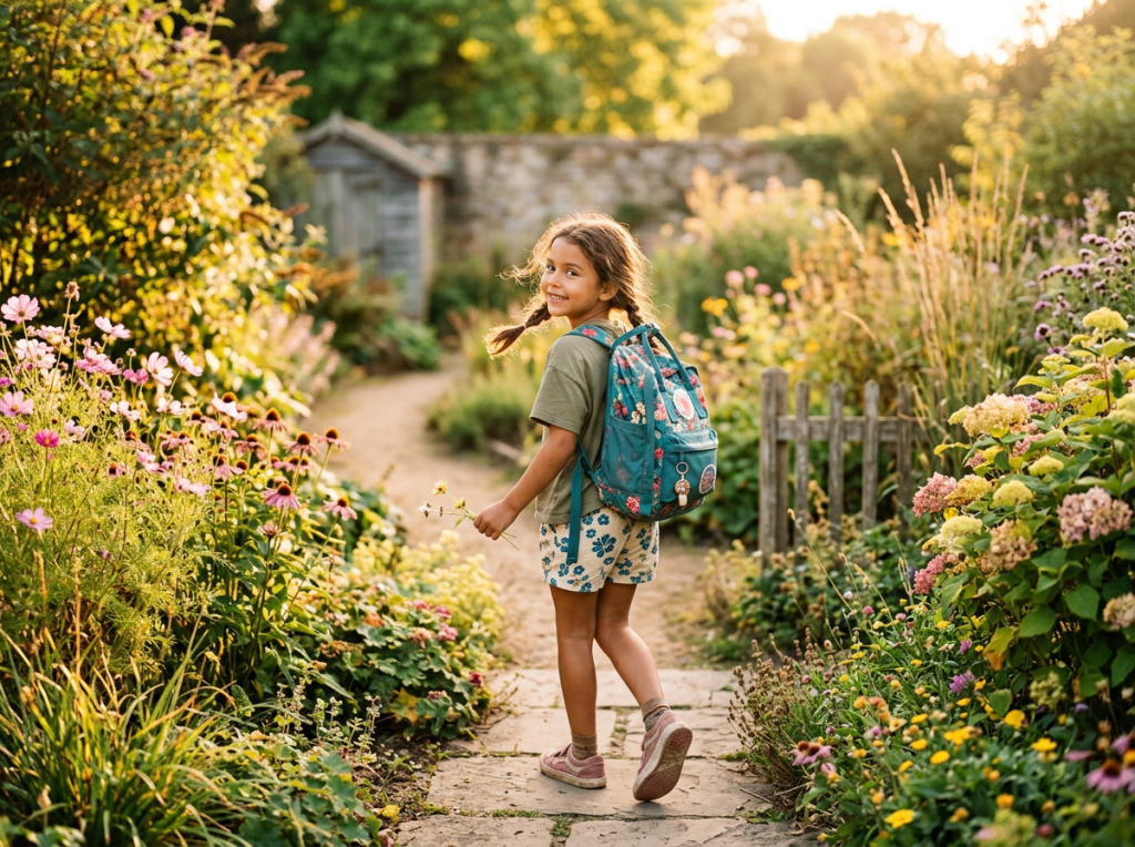 Young girl with a backpack walking through a flower-filled garden